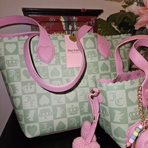 Juicy Couture Green and Pink Tote Bag Set Small And Medium Totes(2)